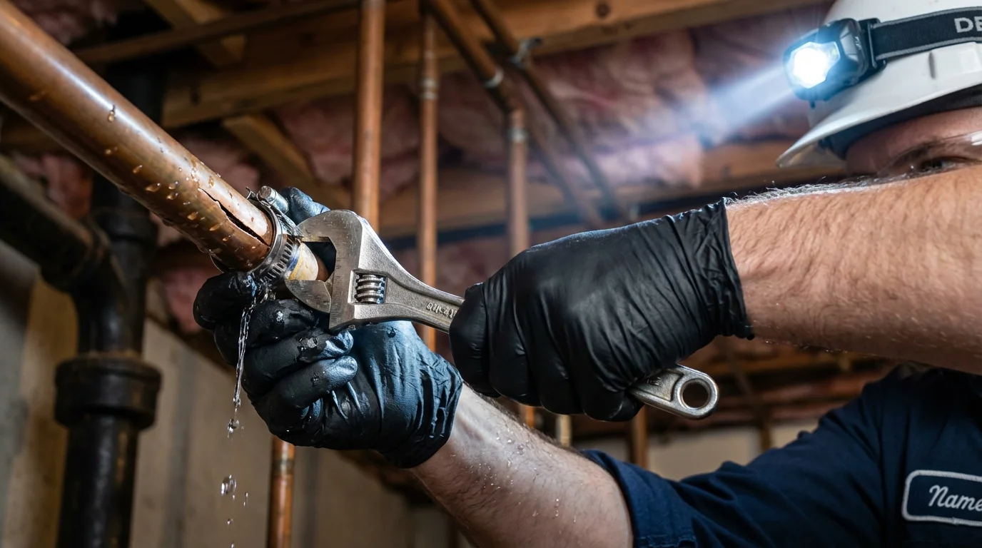 Emergency pipe clamp repair being performed by a Johns Plumbing LLC plumber in Mount Olive