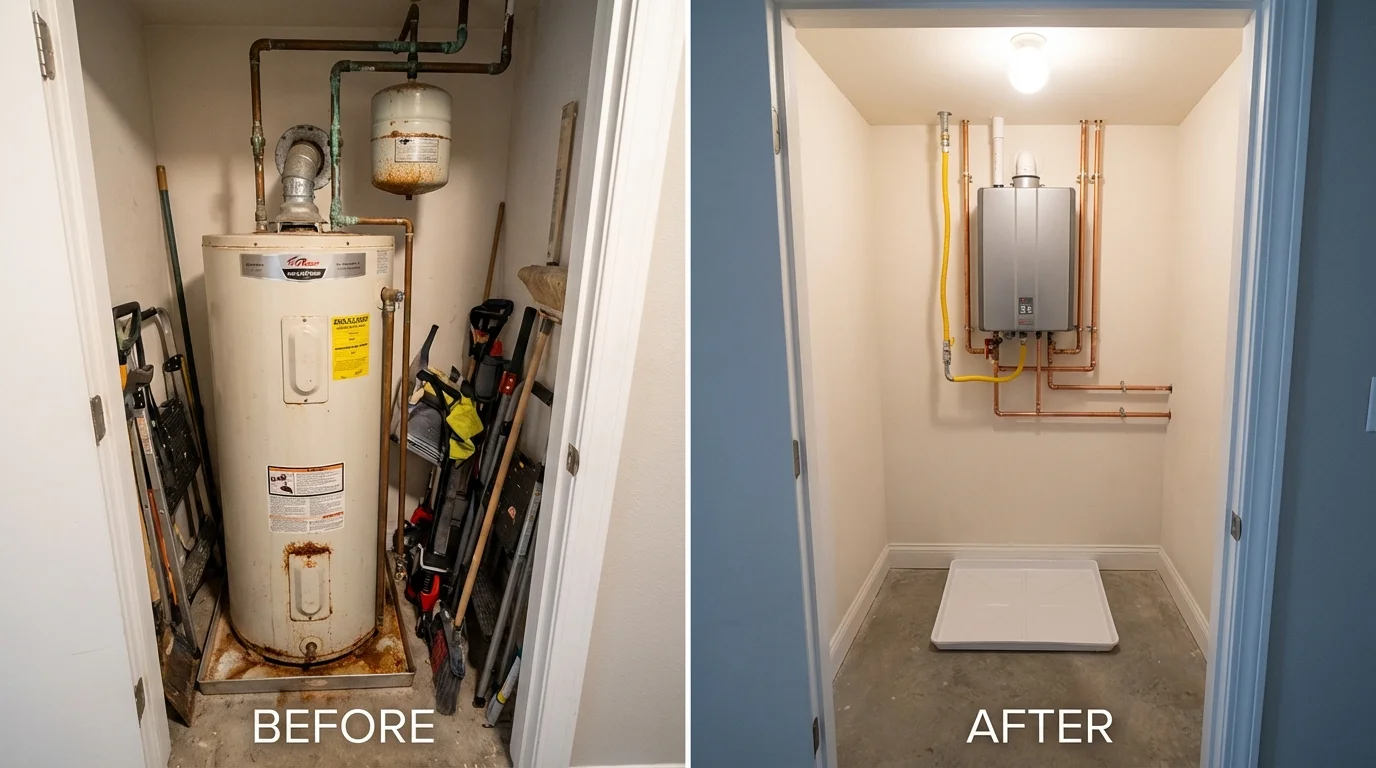 Tank water heater versus wall-mounted tankless unit comparison for Mount Olive, NC homeowners