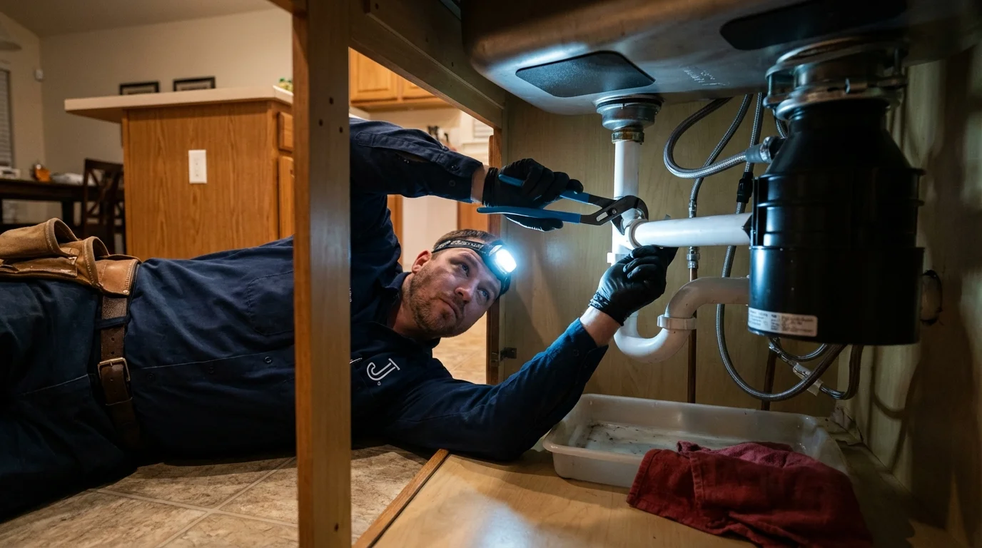 P-trap and supply line connections under a kitchen sink showing a common leak point in Mount Olive, NC